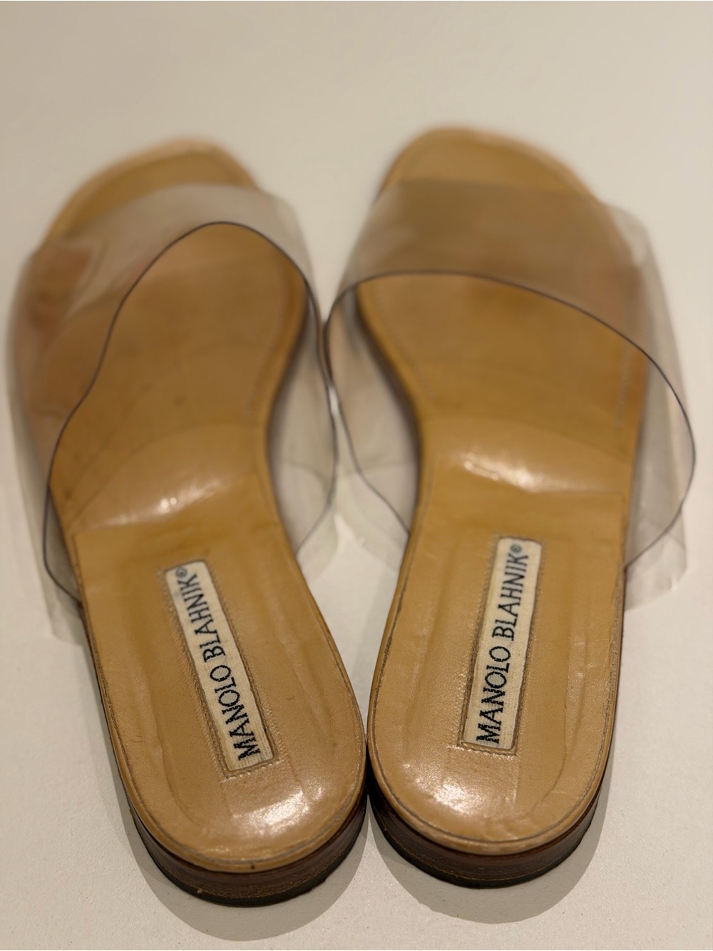 Manolo Blahnik Tan Leather Slides with Clear PVC Strap - Picture 9 of 9